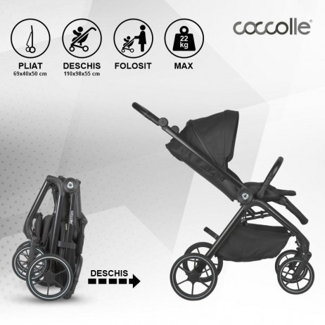 Carucior modular 4in1 Coccolle Serry Jet black cu Scoica auto iSize Coccolle Knox Black si Baza isofix iSize Coccolle Knox