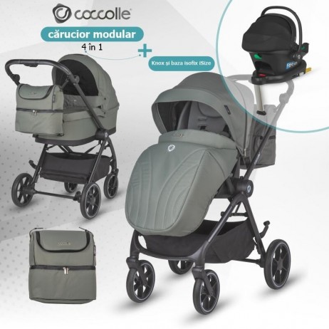 Carucior modular 4in1 Coccolle Serry Moss green cu Scoica auto iSize Coccolle Knox Black si Baza isofix iSize Coccolle Knox