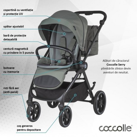 Carucior modular 4in1 Coccolle Serry Moss green cu Scoica auto iSize Coccolle Knox Black si Baza isofix iSize Coccolle Knox