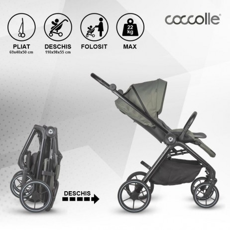 Carucior modular 4in1 Coccolle Serry Moss green cu Scoica auto iSize Coccolle Knox Black si Baza isofix iSize Coccolle Knox
